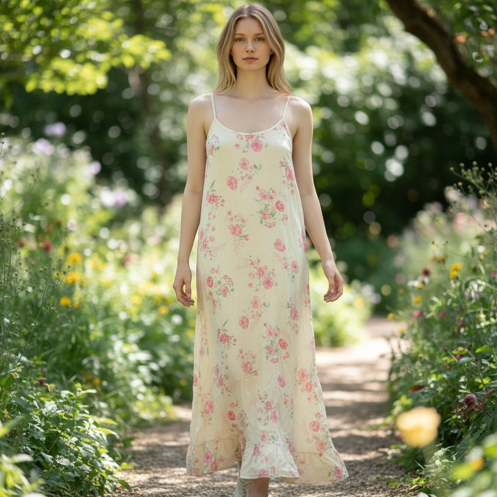 Vtg Cherokee Nightgown Maxi Dress Womens L Yellow Pink Floral Cotton Romantic